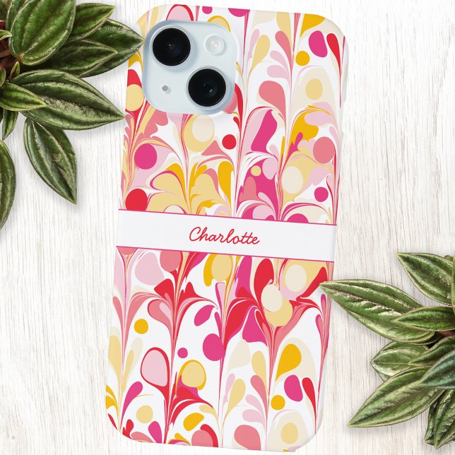 Abstract Retro Marble Pattern Pink Personalized iPhone 15 Case (Modern retro marble pattern pink orange yellow personalized name cell phone case)