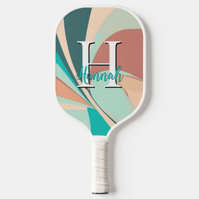 Abstract Retro Modern Peach Aqua Teal Monogram Pickleball Paddle (Front)