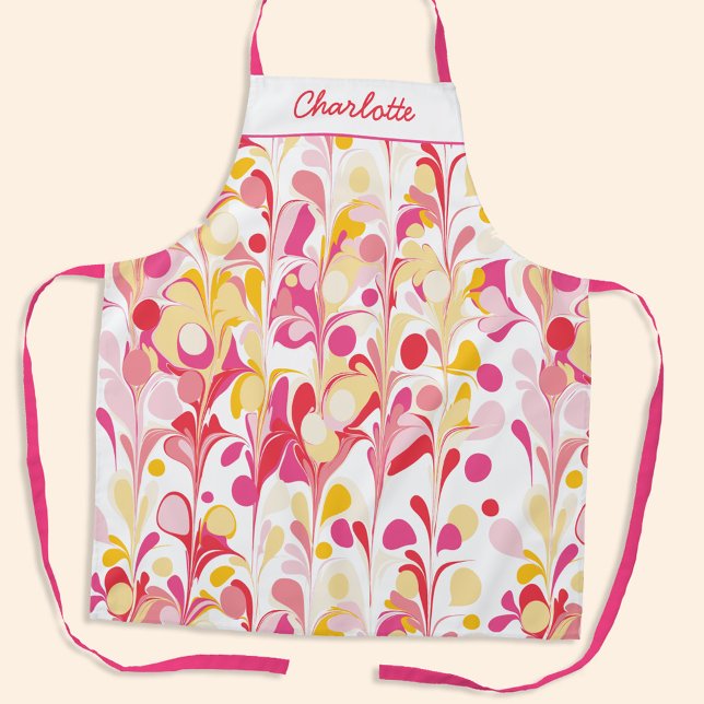 Abstract Retro Pattern Pink Personalized Apron (Retro abstract marble pattern pink yellow personalized name apron)