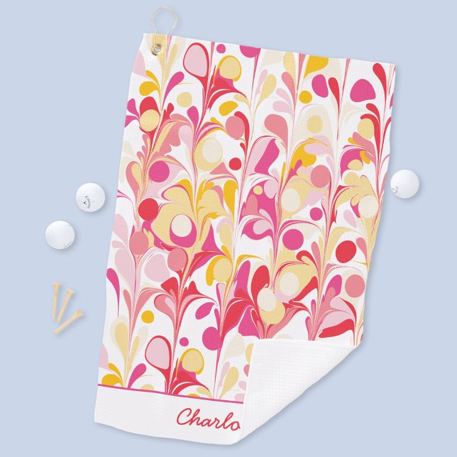 Abstract Retro Pattern Pink Personalized Golf Towel (Modern retro marble pattern pink personalized name golf towel)