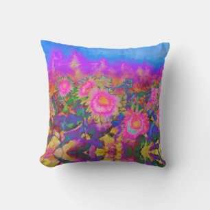 Abstract retro pink floral pink sunflower fields outdoor pillow