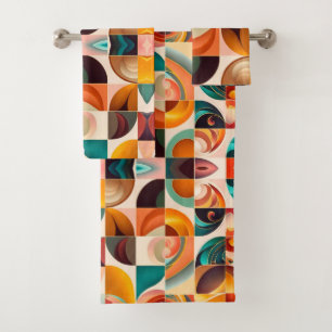 Abstract Retro Trendy Squares Collection Bath Towel Set
