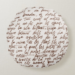 Abstract retro unreadable brown ink-written text. round pillow