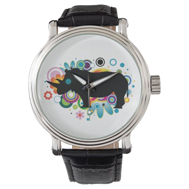 Abstract Rhino Black Leather Strap Watch (Front)
