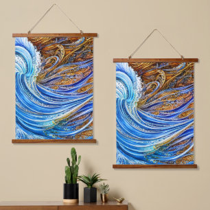 Abstract Ripple Waves in Blue and Gold Hanging Tapestry