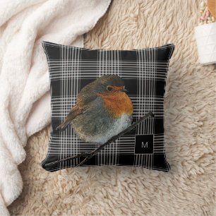 Abstract robin bird on black white plaid monogram throw pillow