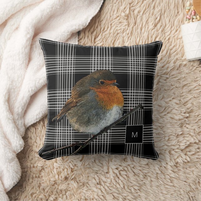 Abstract robin bird on black white plaid monogram throw pillow (Blanket)