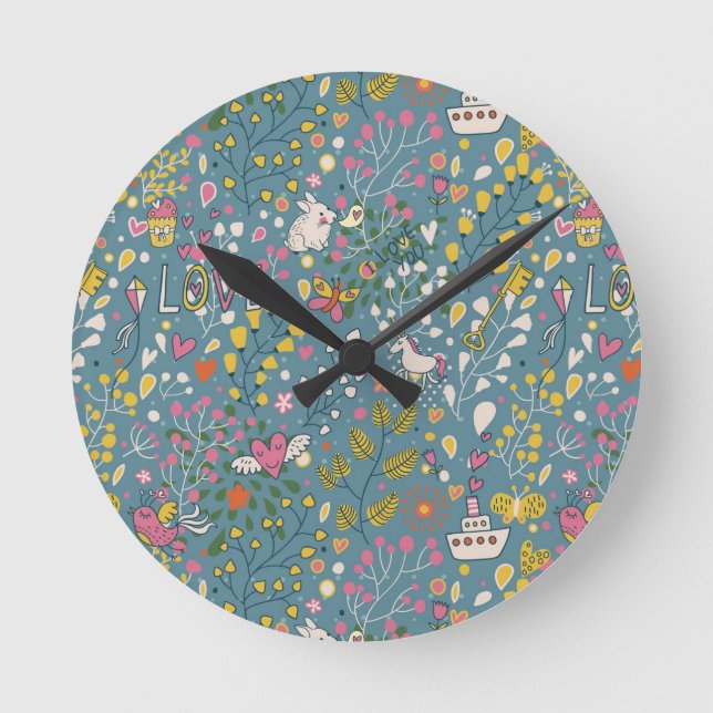 Abstract romantic pattern with cartoon round clock (Front)