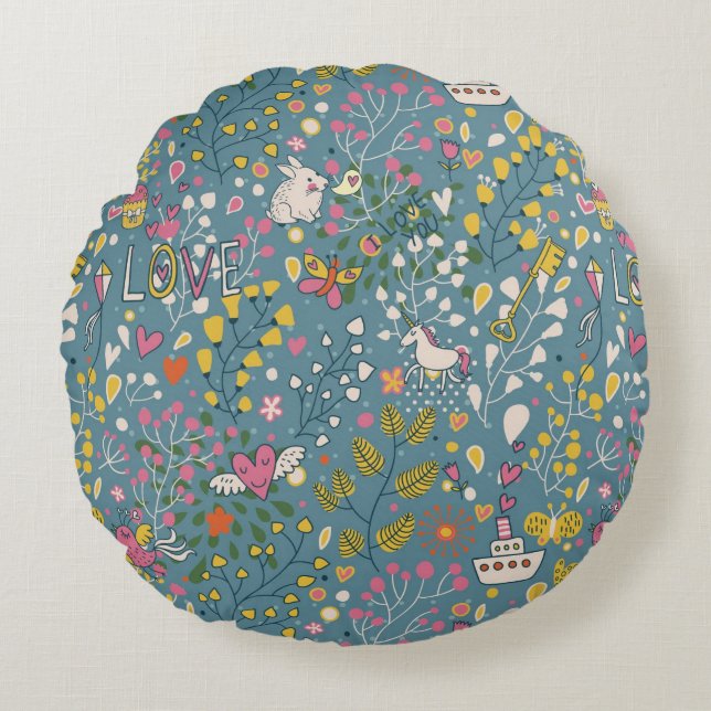 Abstract romantic pattern with cartoon round pillow (Front)