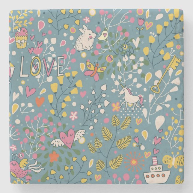 Abstract romantic pattern with cartoon stone coaster (Front)