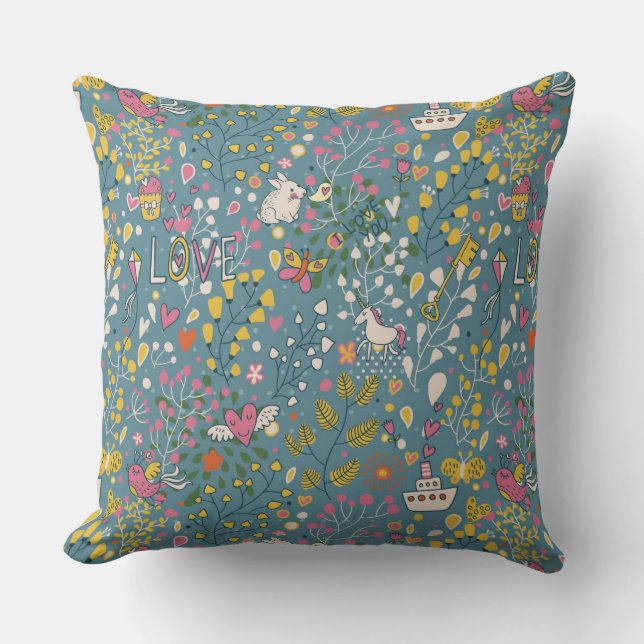 Abstract romantic pattern with cartoon throw pillow (Front)