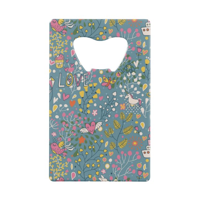 Abstract romantic pattern with cartoon wallet bottle opener (Front)