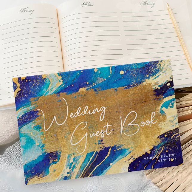 Abstract Royal Navy Blue and Gold Custom Wedding Guest Book (Creator Uploaded)