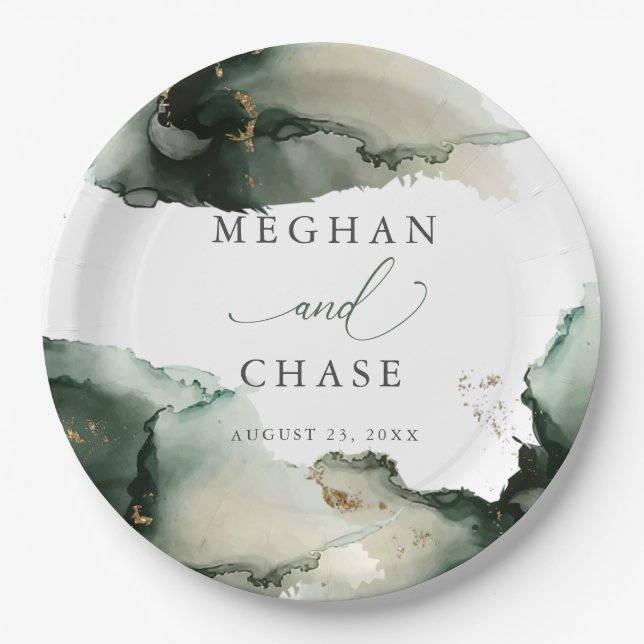 Abstract Sage Emerald Green Watercolor Paper Plate (Front)