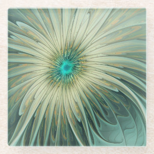 Abstract Sage Green Fantasy Flower Fractal Art Glass Coaster