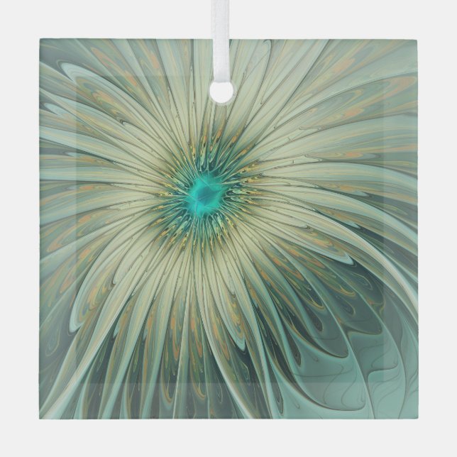Abstract Sage Green Fantasy Flower Fractal Art Glass Ornament (Front)