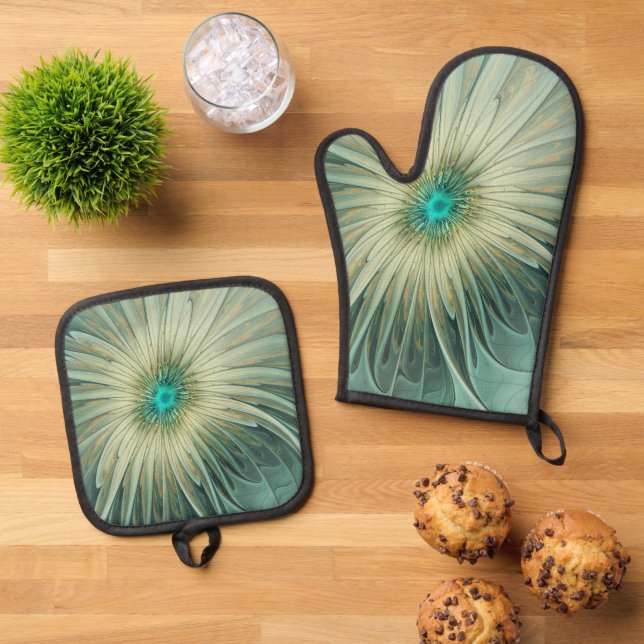 Abstract Sage Green Fantasy Flower Fractal Art Oven Mitt & Pot Holder Set (Top Down)