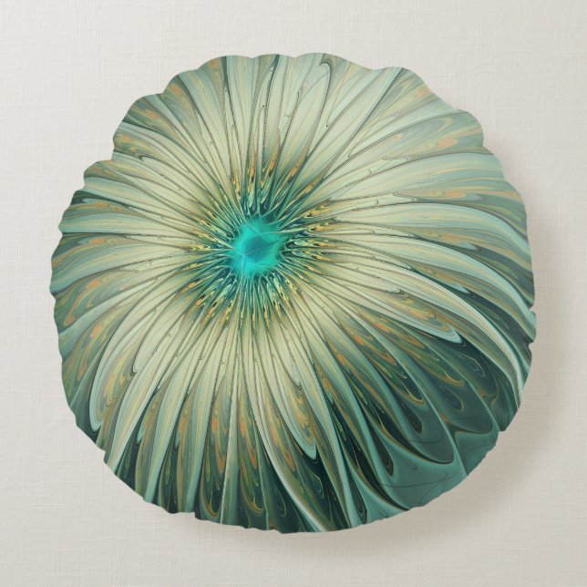 Abstract Sage Green Fantasy Flower Fractal Art Round Pillow (Front)