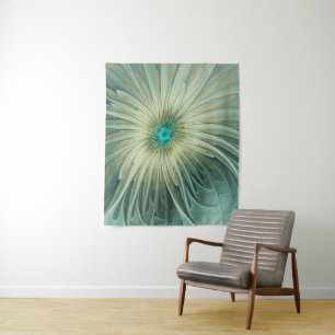 Abstract Sage Green Fantasy Flower Fractal Art Tapestry