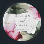 Abstract Sage Scarlet Pink Watercolor Paper Plates<br><div class="desc">WEDDING PARTY PAPER PLATES | Modern Sage Green and scarlet pink Watercolor wedding motif. Moody and ethereal , this beautiful hand painted watercolor illustration in shades of sage and emerald green with gold fleck highlights - Hand written script calligraphy is combined with a minimalist, contemporary style font. A trendy and...</div>
