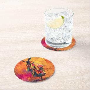Abstract Samurai Warrior Silhouette Round Paper Coaster