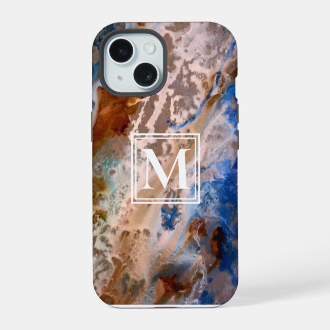 Abstract sandy beach pattern water foam monogram iPhone 15 case (Back)