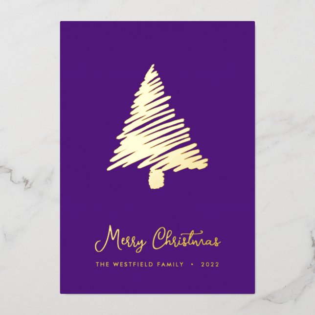 Abstract Scandi Christmas Tree Royal Purple Gold Foil Holiday Card (Front)