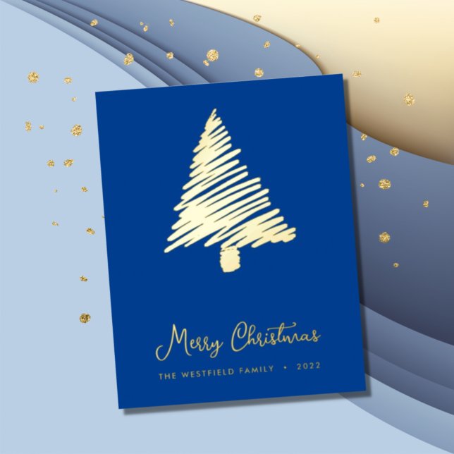 Abstract Scandi Style Christmas Tree Blue Gold Foil Holiday Card (Creator Uploaded)