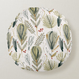 Abstract Scandinavian Christmas Foliage Sage Green Round Pillow