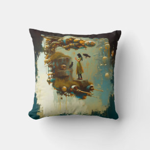Abstract SciFi Cat Raven Occult Dark Witchy AI Art Throw Pillow