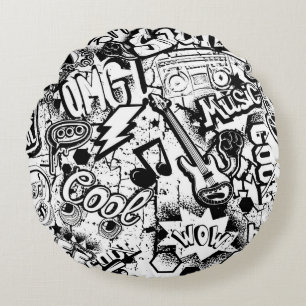 Abstract seamless black and white comics graffiti  round pillow