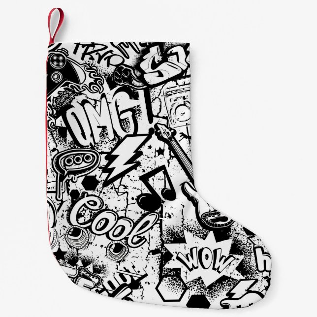 Abstract seamless black and white comics graffiti  small christmas stocking (Front)