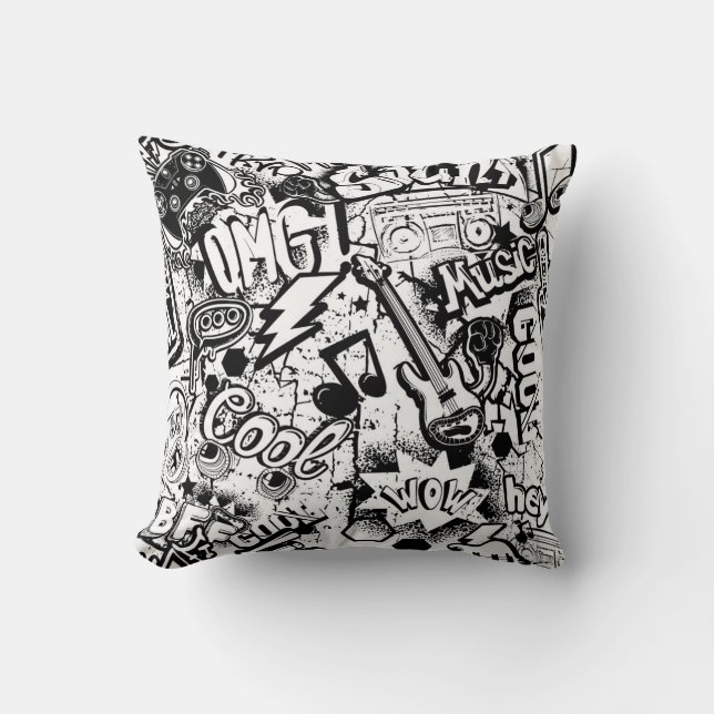 Abstract seamless black and white comics graffiti  throw pillow (Front)
