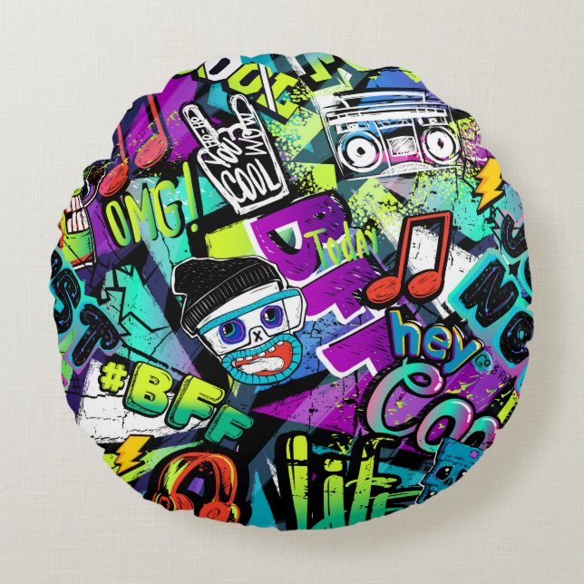 Abstract seamless cartoon pattern. Repeated with m Round Pillow (Front)