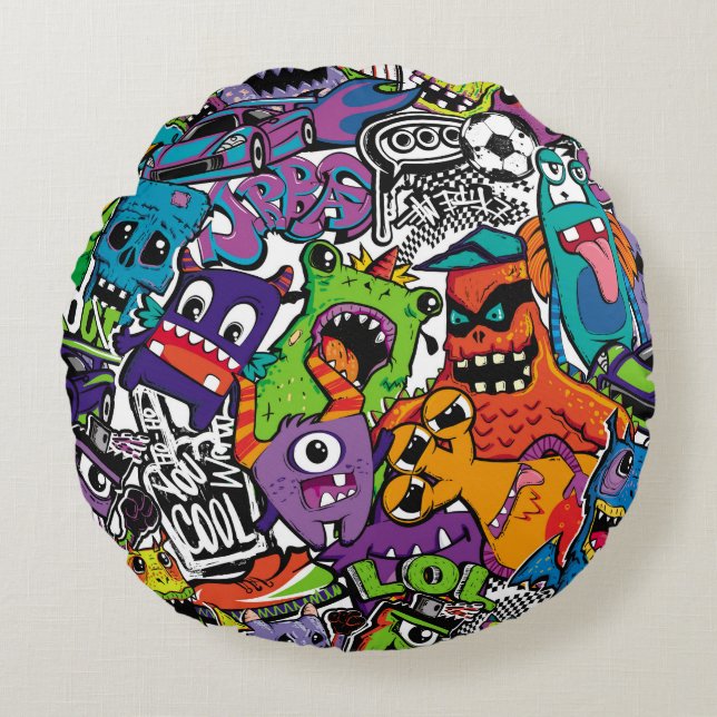 Abstract seamless comics monsters. Cartoon mutant  Round Pillow (Front)