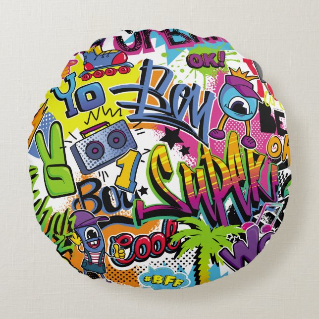 Abstract seamless comics pattern with palm tree, h round pillow (Front)