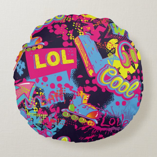 Abstract seamless grunge teenagers pattern. Comics Round Pillow (Front)