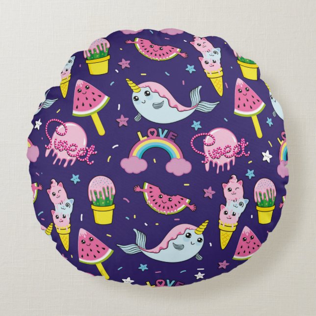 Abstract seamless ice cream pattern. Creative vint Round Pillow (Front)
