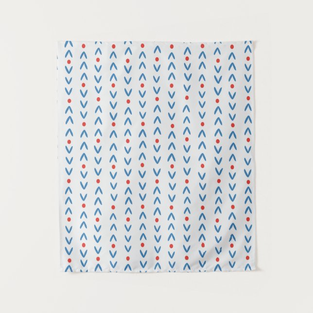 Abstract seamless pattern in blue and red on cream tapestry (Front)
