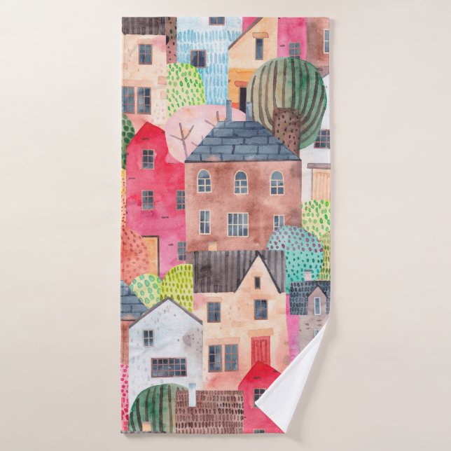 Abstract seamless pattern with houses. Watercolor  Bath Towel (Bath Towel)