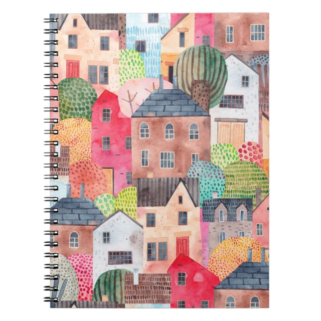 Abstract seamless pattern with houses. Watercolor  Notebook (Front)