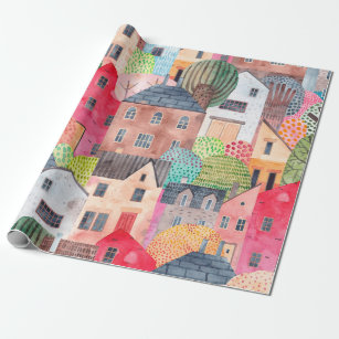 Abstract seamless pattern with houses. Watercolor  Wrapping Paper