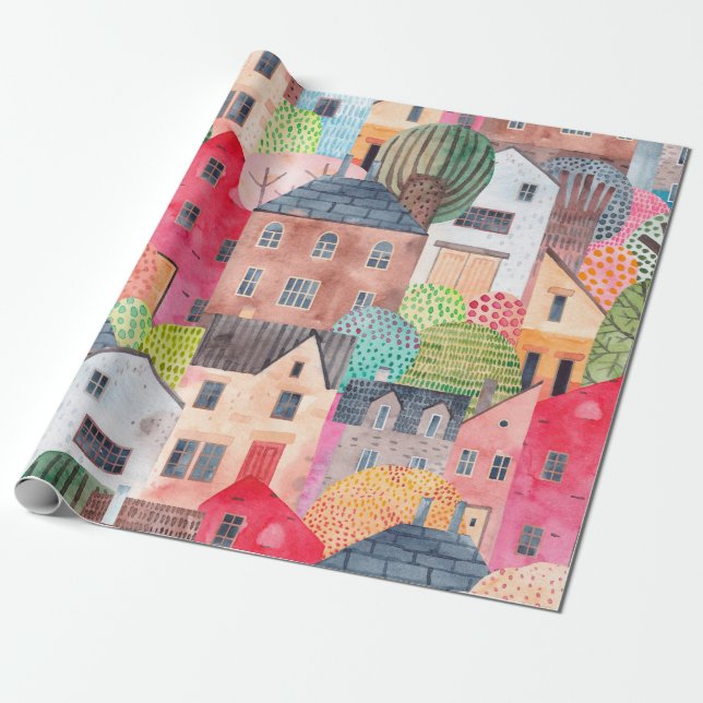Abstract seamless pattern with houses. Watercolor  Wrapping Paper (Unrolled)