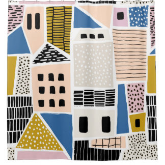 Abstract seamless pattern with houses with hand dr