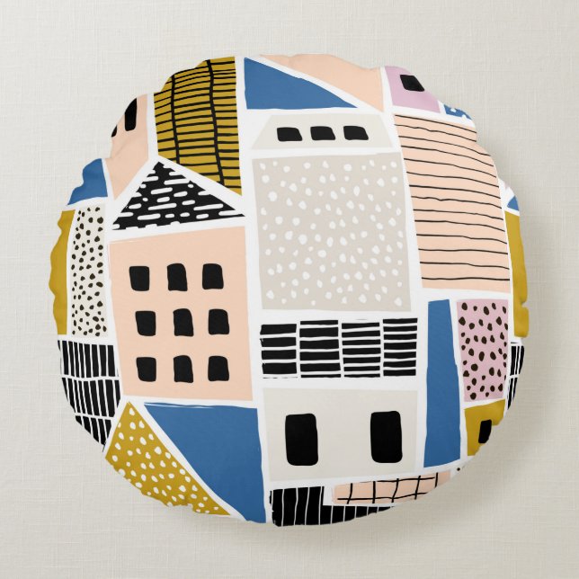 Abstract seamless pattern with houses with hand dr round pillow (Front)
