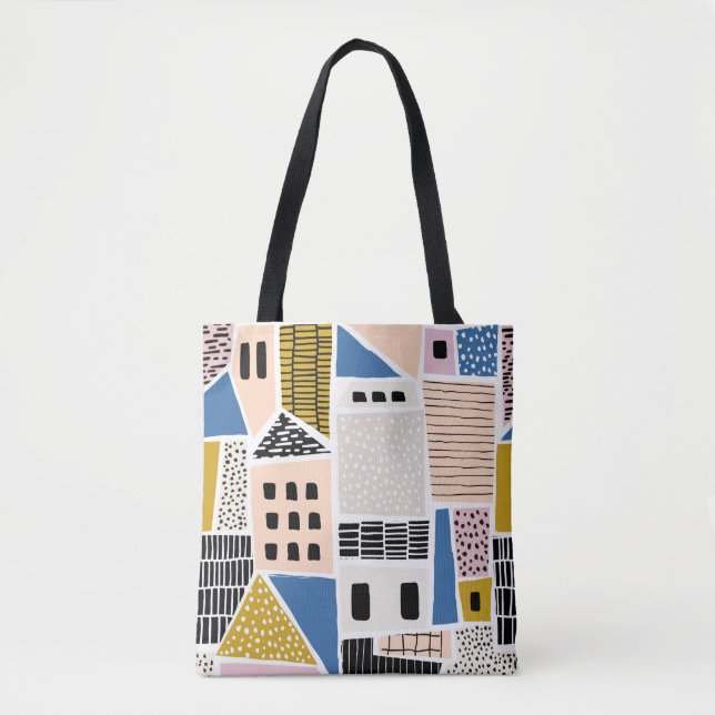 Abstract seamless pattern with houses with hand dr tote bag (Front)