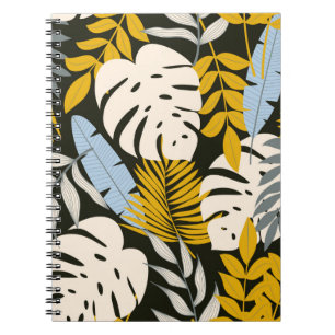 Abstract seamless pattern with tropical leaves and notebook