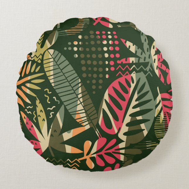 Abstract seamless pattern with tropical leaves. Ha Round Pillow (Front)