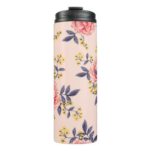 Abstract seamless pattern with vintage leaves and thermal tumbler
