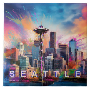 Abstract Seattle Skyline Art Modern Cityscape Tile